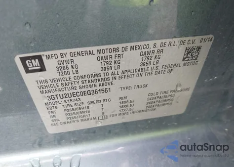 2014 GMC Sierra 1500 Sle из США, поврежденный, VIN 3GTU2UEC0EG361561